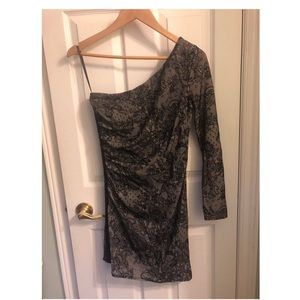 One shoulder, lace overlay bodycon dress.